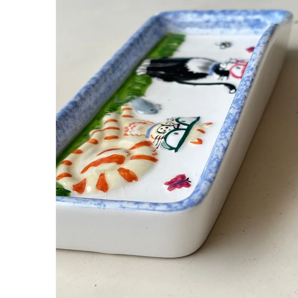 Whimsical Hand Painted Ceramic Cat Trinket Dish Eye Glass Tray Holder